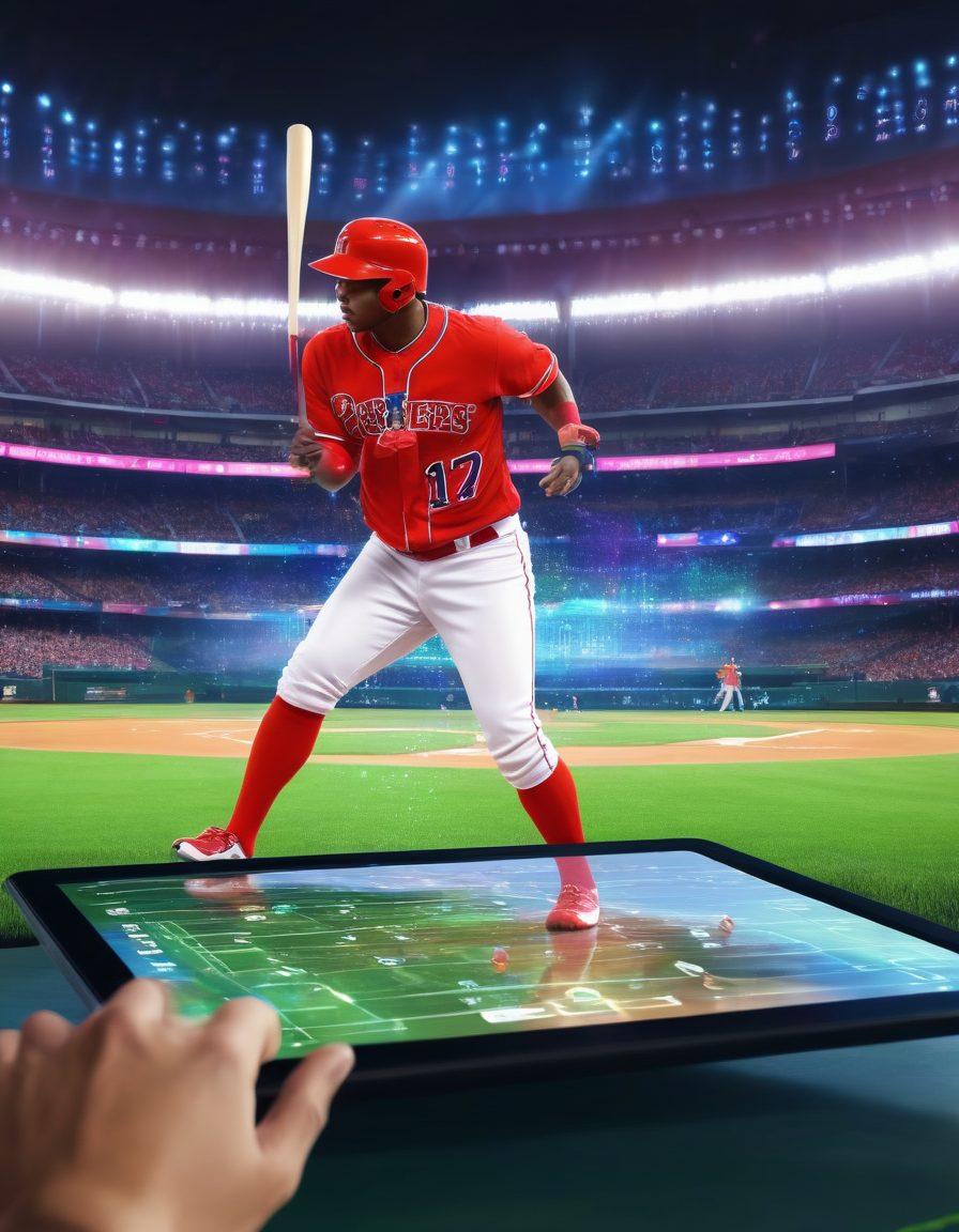 A dynamic baseball scene with a player analyzing performance stats on a digital tablet, surrounded by floating holographic stats and graphs, encapsulating a vibrant stadium filled with cheering fans. The foreground features a crisp baseball and bat, emphasizing the blend of tradition and technology in baseball. Vivid colors, super-realistic style.