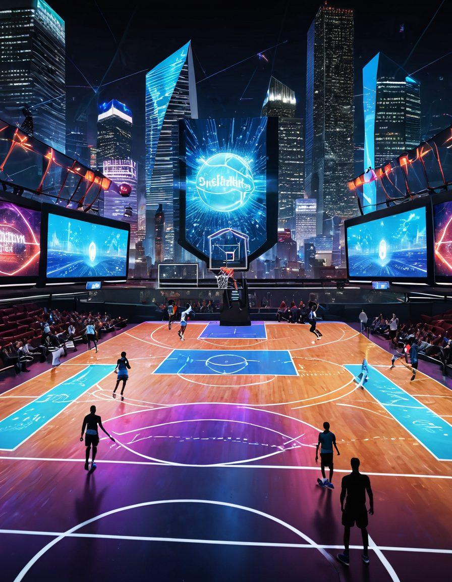 A vibrant basketball court with a striking diamond pattern overlay, surrounded by digital data streams and statistics flying through the air. Players engaged in a dynamic game while holographic charts and graphs are displayed prominently above them, illustrating real-time strategy adjustments. A futuristic city skyline in the background emphasizes the connection between sports and technology. super-realistic. vibrant colors. 3D.