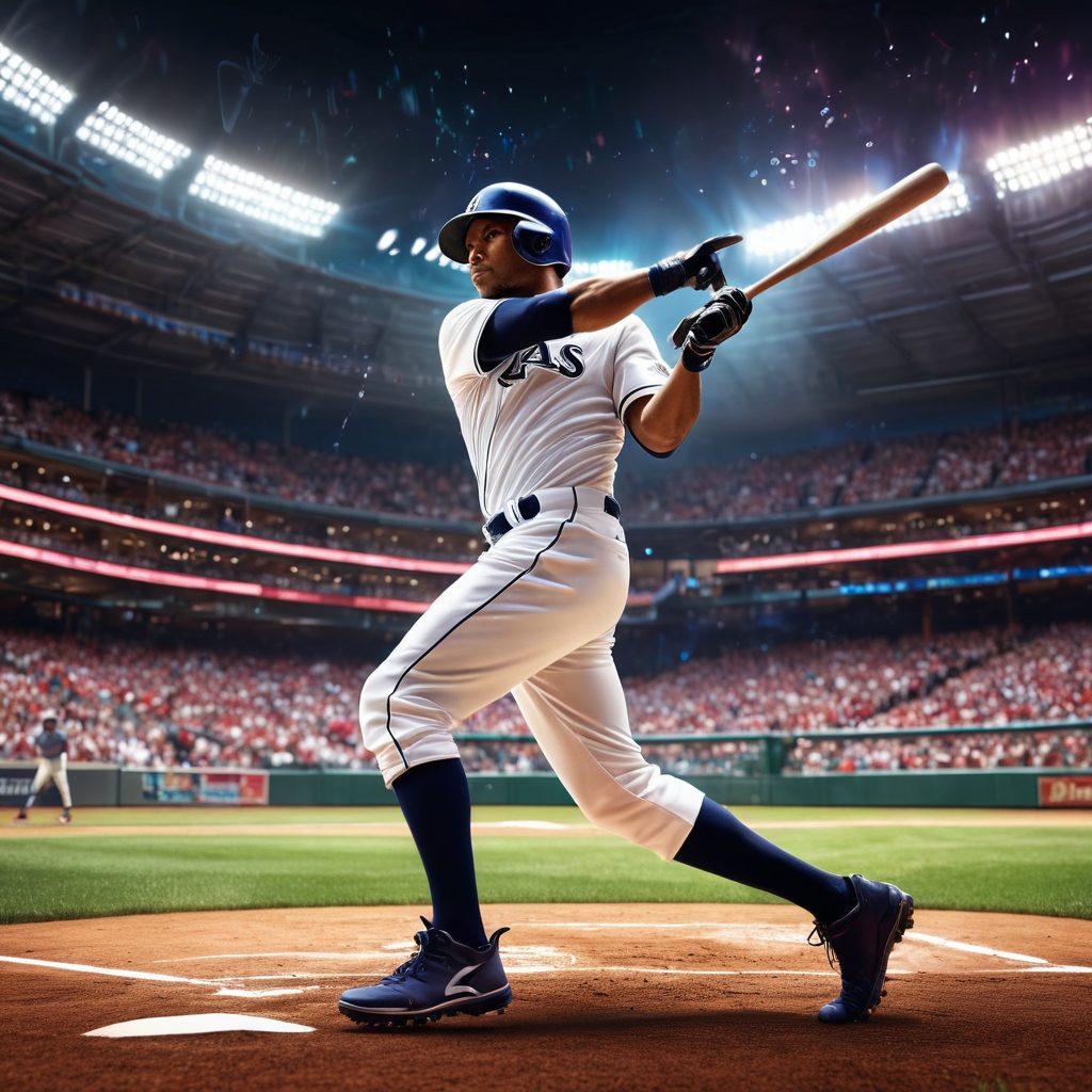 A dynamic baseball scene showcasing a player swinging a bat with motion blur, while futuristic holographic performance metrics float around him, displaying evolving statistics and analytics. The background features a vibrant baseball stadium filled with cheering fans, augmenting the intensity of the moment. Incorporate elements of vintage baseball icons subtly blended into the design to highlight the evolution theme. super-realistic. vibrant colors. high contrast.